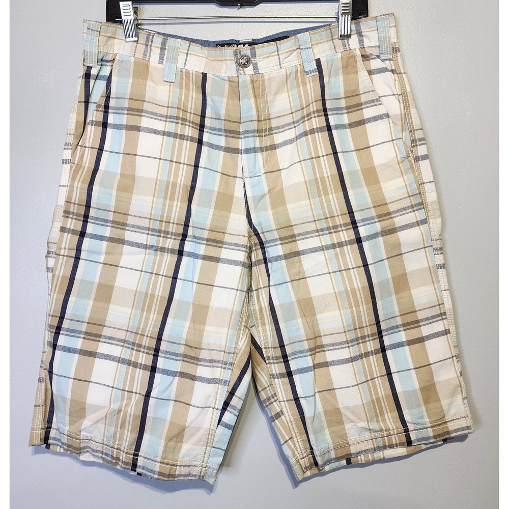 UK Style French Connection Mens Size 32x12 Plaid Shorts Khaki Flat Front Tag 30